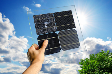 Comparing samples of different types of solar panels against the sunlight