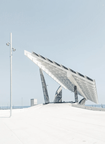 Large free-standing solar panel sitting on the waterfront