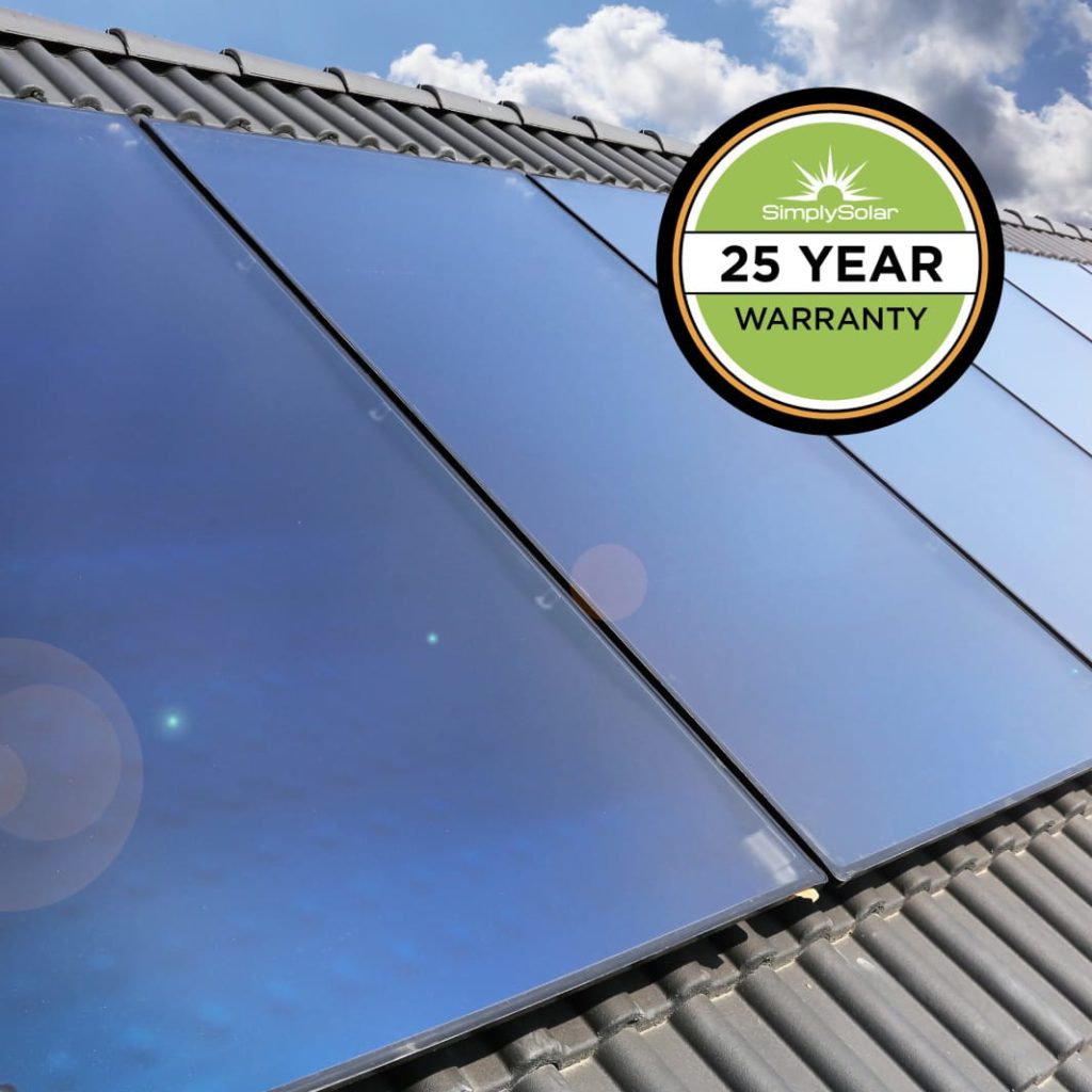 Close up view of solar panels with "Simply Solar 25-year Warranty" logo