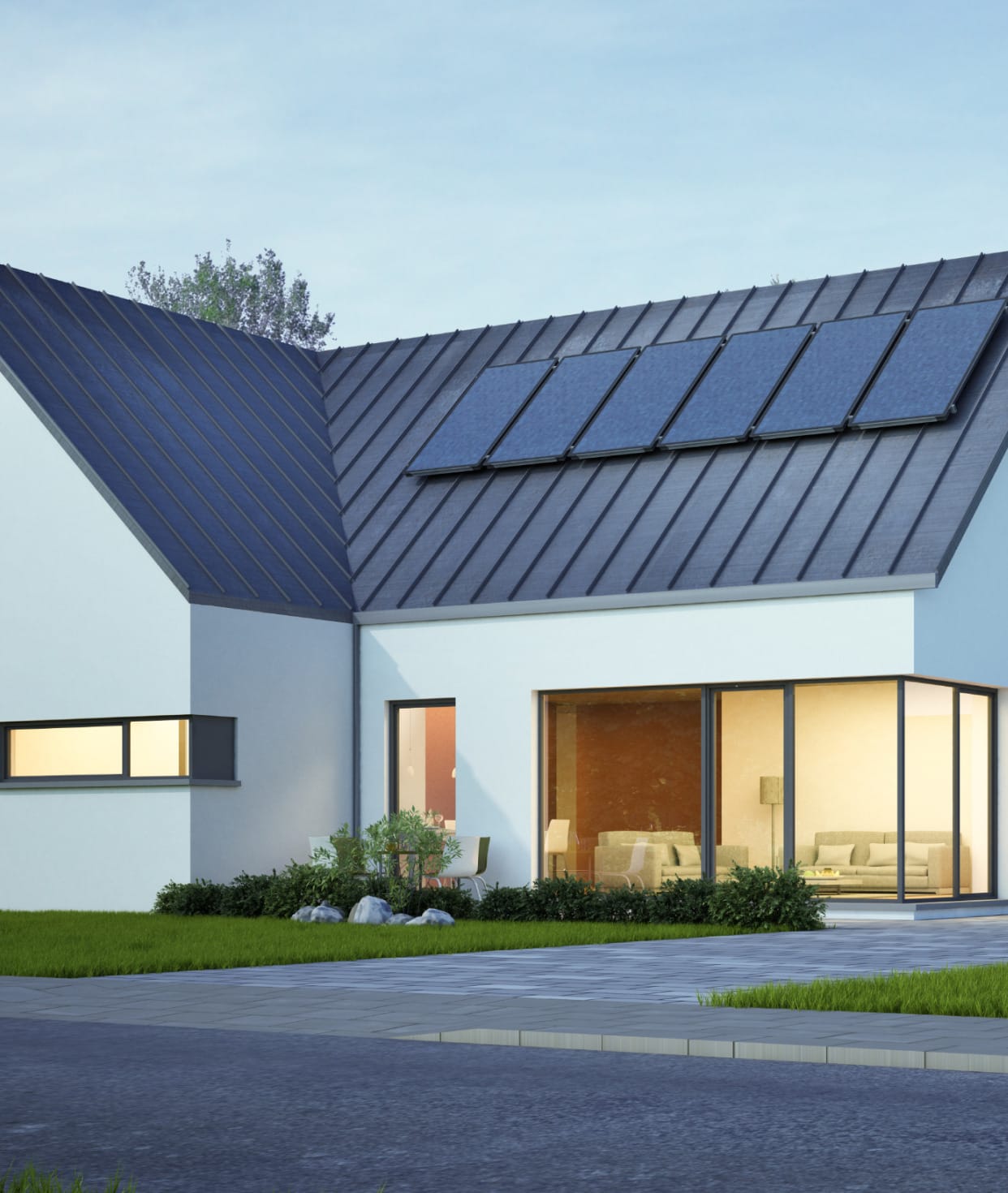 Modern contemporary house with row of solar panels on the roof