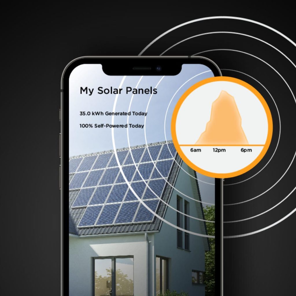 Rendering of smartphone remote online solar monitoring with timelapsed graph thumbnail