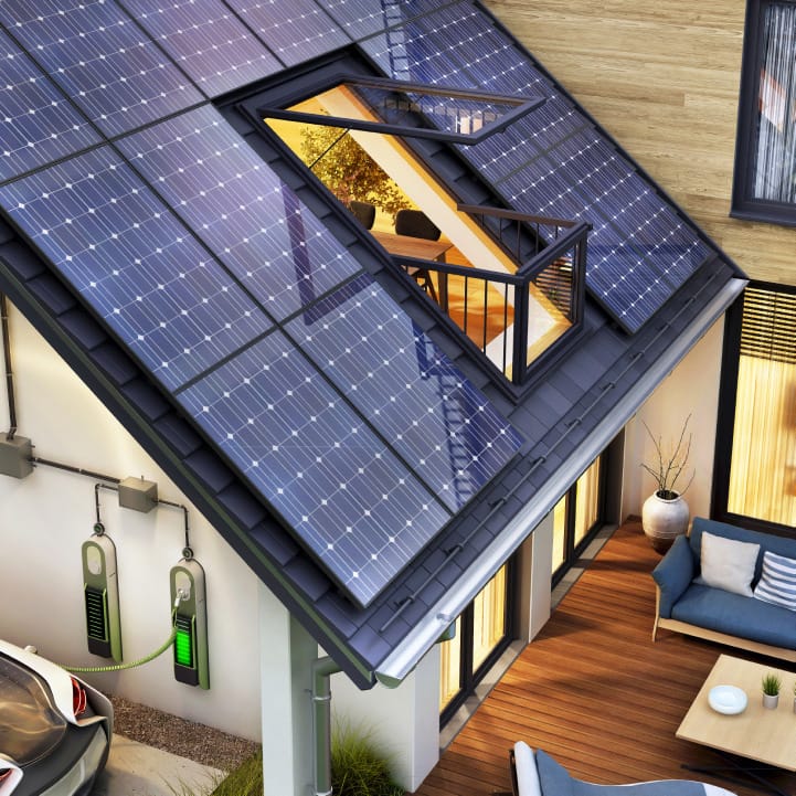 Rooftop solar panels placed around skylight & balcony