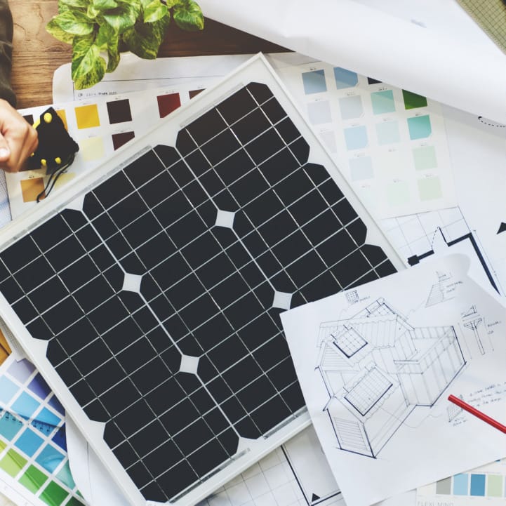 Solar panel design with color swatches and blueprints