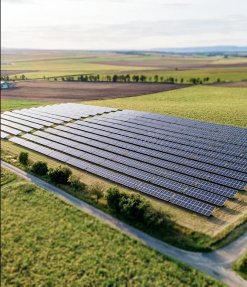 Wide-angled view of a rural solar farm