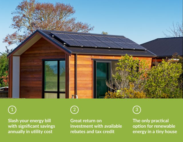 Infographic with a picture of a tiny home with solar panels. Text reads: 1. Slash your energy bill with significant savings annually in utility cost. 2. Great return on investment with available rebates and tax credit. 3. The only practical option for renewable energy in a tiny house,
