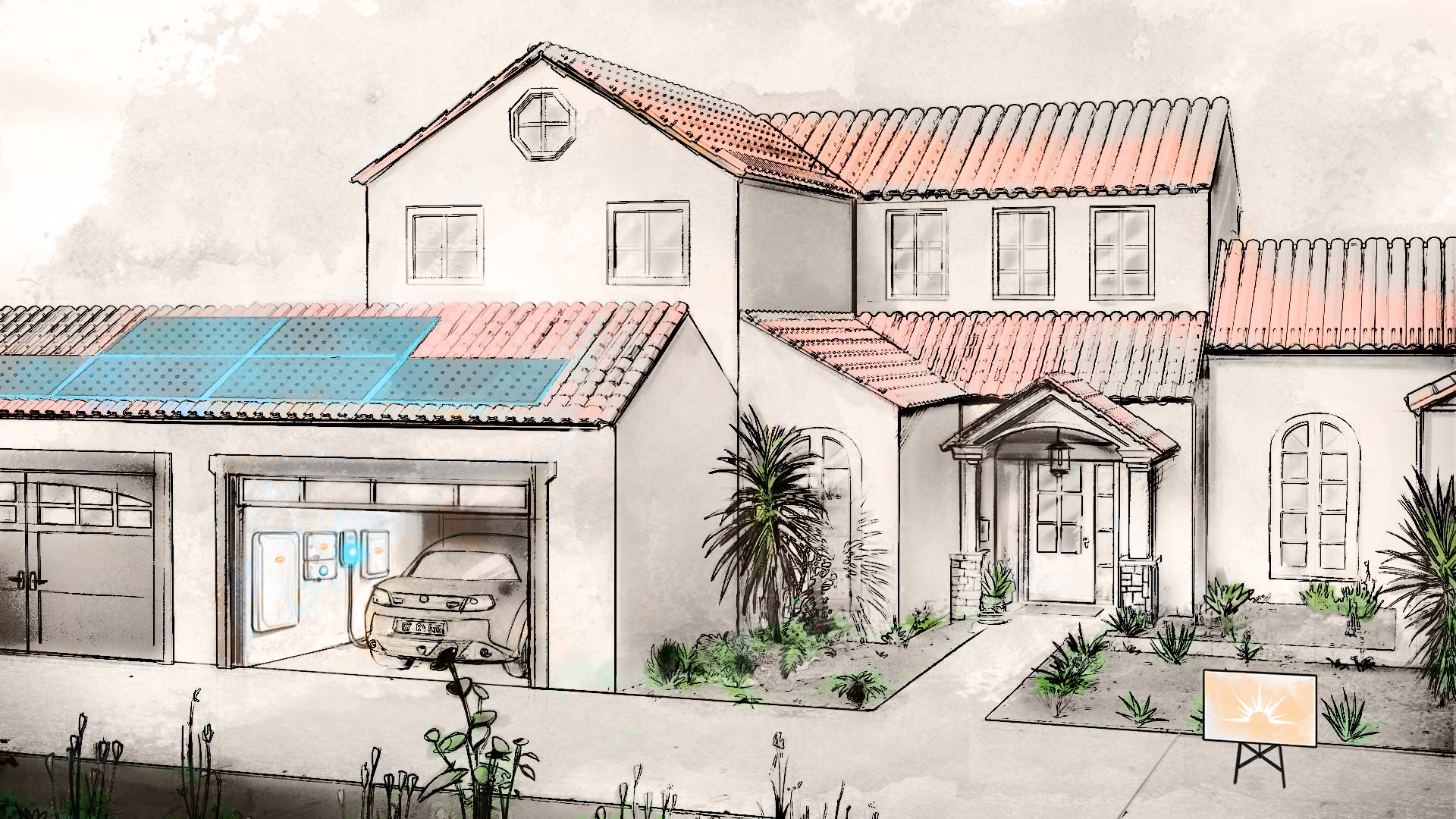Illustration of a home in California that uses solar panels with battery backups
